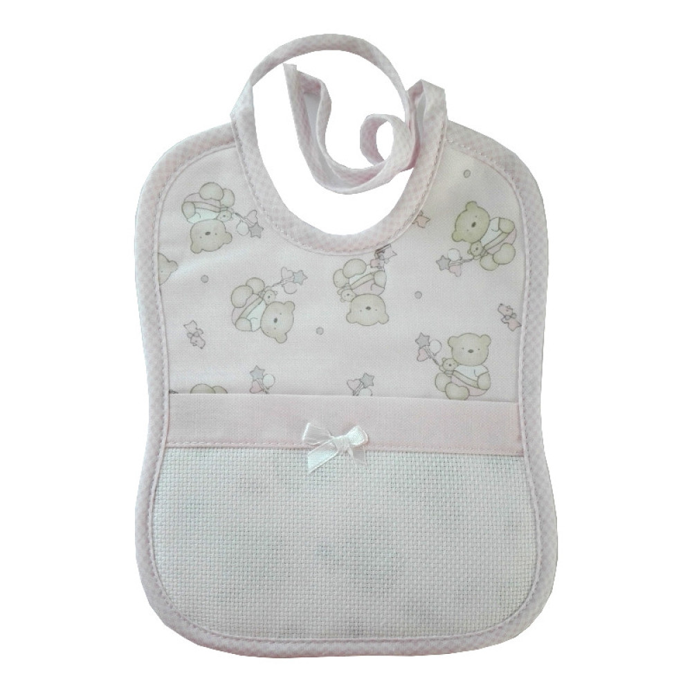Baby Bib to Cross Stitch - Teddy Bear with Stars and Hearts - Pink
