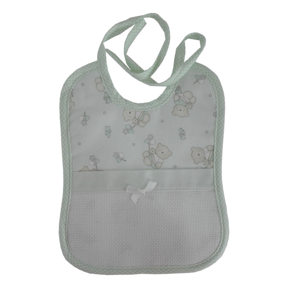 Baby Bib to Cross Stitch - Teddy Bear with Stars and Hearts - Green