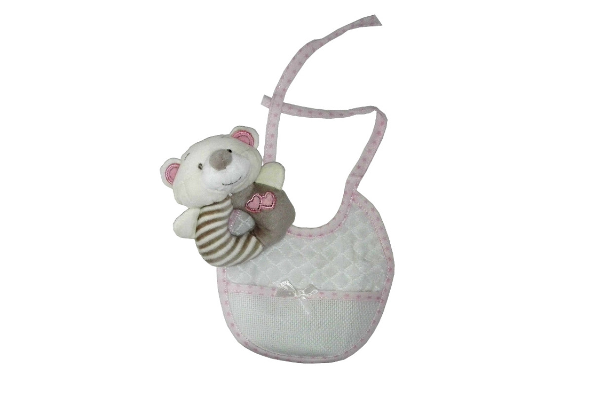 Teddy Bear Ring Rattle with Baby Bib to Cross Stitch - Pink Teddy Bear Ring Rattle with Baby Bib to Cross Stitch - Pink