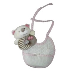 Teddy Bear Ring Rattle with Baby Bib to Cross Stitch  - Pink