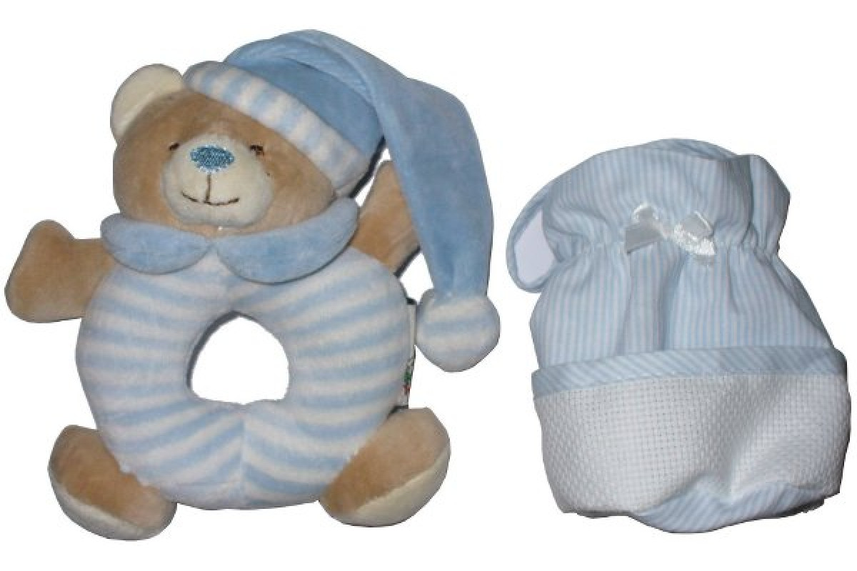 Teddy Bear and Pacifier Holder with Aida Band - Light Blue Teddy Bear and Pacifier Holder with Aida Band - Light Blue