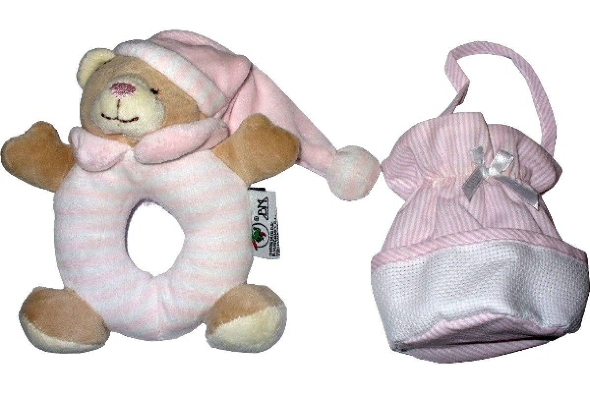 Teddy Bear and Pacifier Holder with Aida Band - Pink Teddy Bear and Pacifier Holder with Aida Band - Pink
