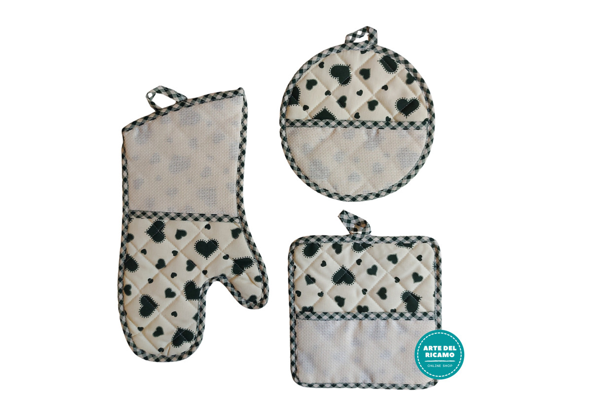 Ready to Cross Stitch Potholders and Oven Glove - Green Hearts Ready to Cross Stitch Potholders and Oven Glove - Green Hearts