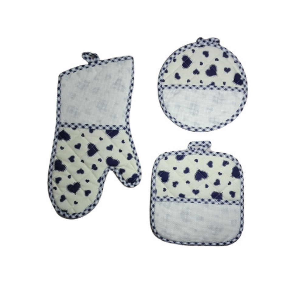 Ready to Cross Stitch Potholders and Oven Glove - Blue Hearts