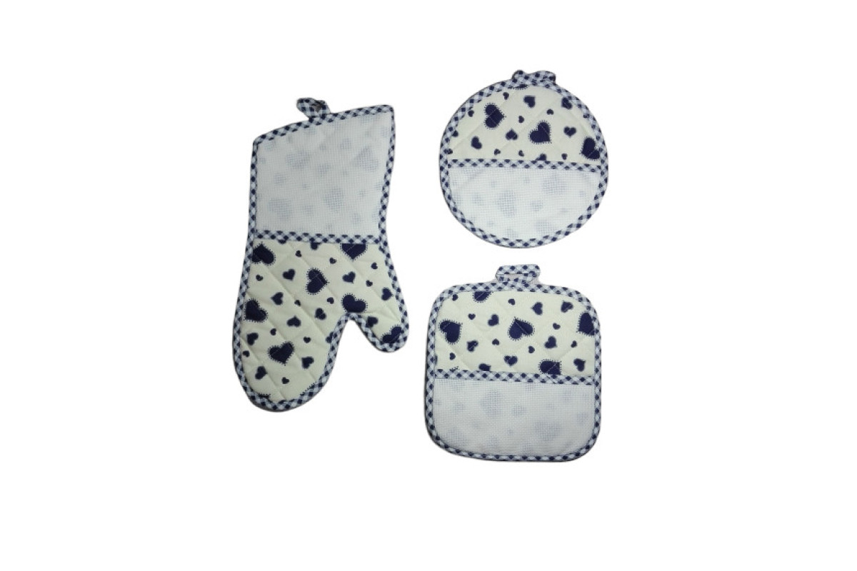 Set Presine e Guantoforno Ricamabile - Cuori Blu Set Presine e Guantoforno Ricamabile - Cuori Blu