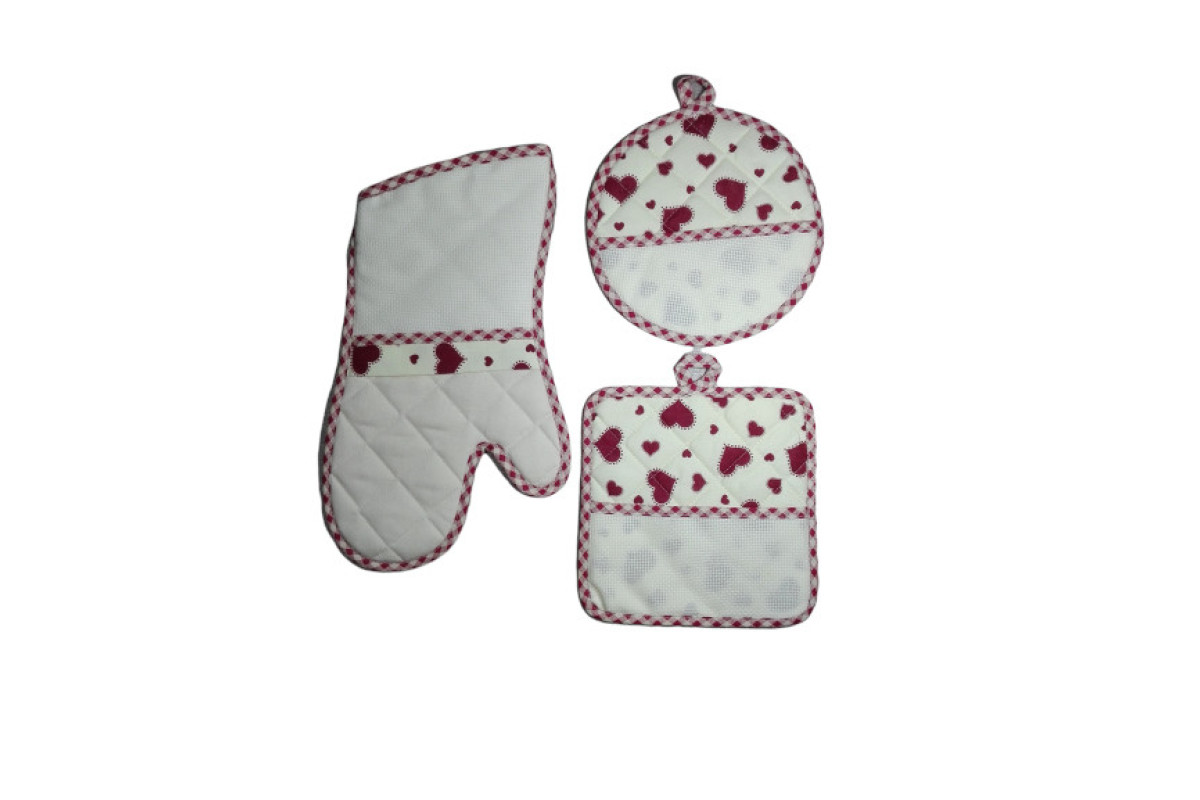 Set Cocina Agarradoras y Guante Horno para Bordar - Corazones Rojos