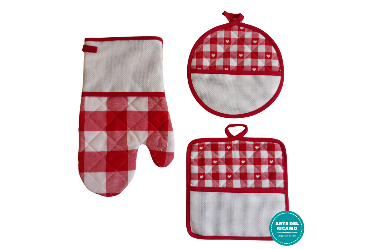 Set Presine e Guantoforno Ricamabile - Quadri e Cuori Rossi Set Presine e Guantoforno Ricamabile - Quadri e Cuori Rossi