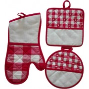 Ready to Cross Stitch Potholders and Oven Glove - Red Squares and Hearts