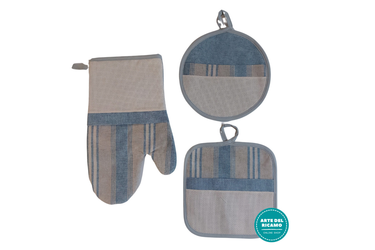 Set Cocina Agarradoras y Guante Horno para Bordar - Rayas Azul y Crema