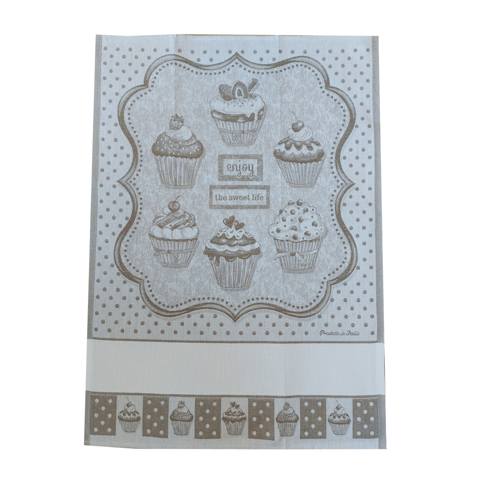 Cream Kitchen Towel with Cupcakes