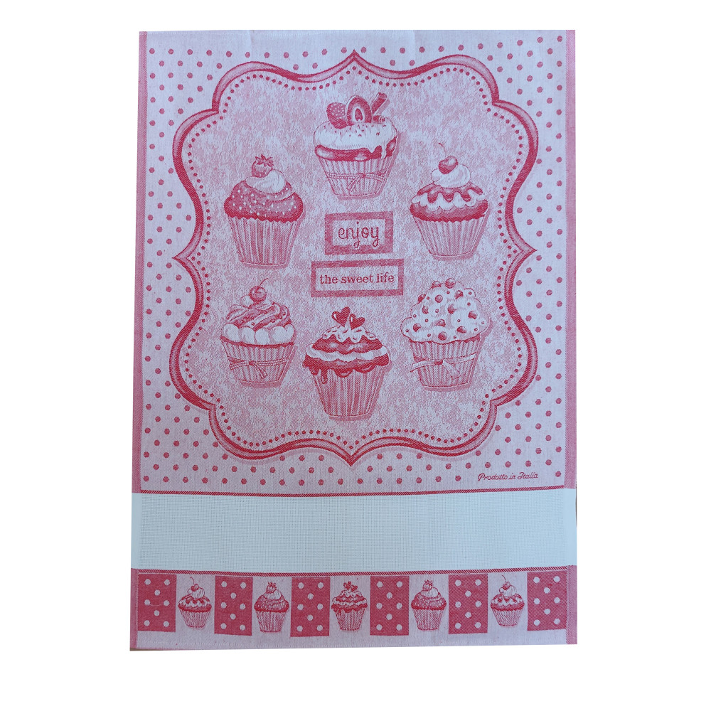 Red Kitchen Towel with Cupcakes