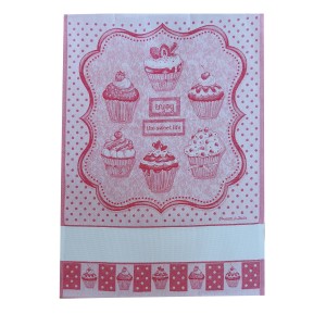 Red Kitchen Towel with Cupcakes