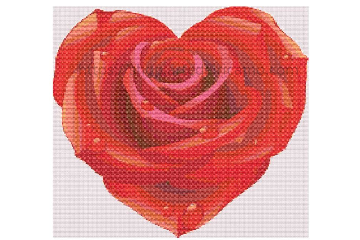 Schema Punto Croce - Rosa Rossa a Forma di Cuore con Gocce di Rugiada Schema Punto Croce - Rosa Rossa a Forma di Cuore con Gocce di Rugiada