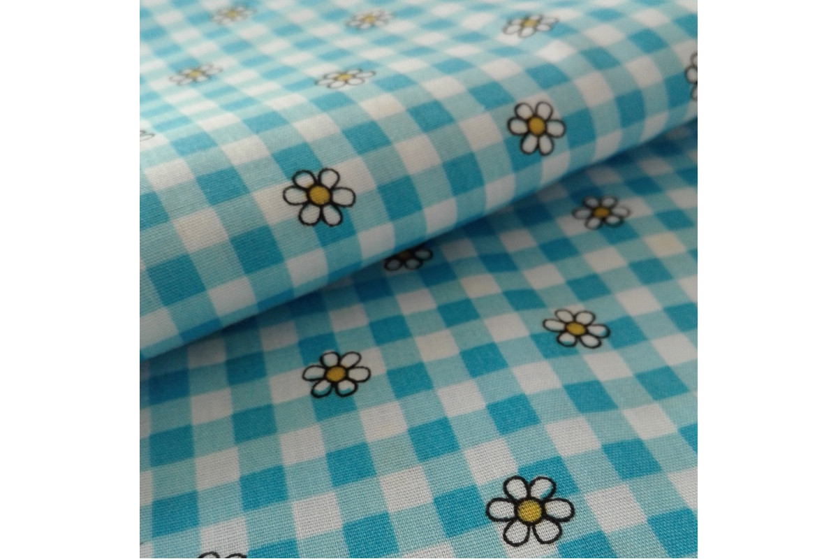 Tessuto in Puro Cotone - Quadri Turchesi e Fiori Tessuto in Puro Cotone - Quadri Turchesi e Fiori