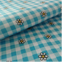 Checkered Fancy Cotton Fabric -  Turquoise with Flowers
