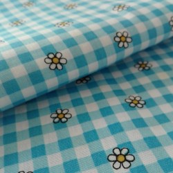Checkered Fancy Cotton Fabric -  Turquoise with Flowers