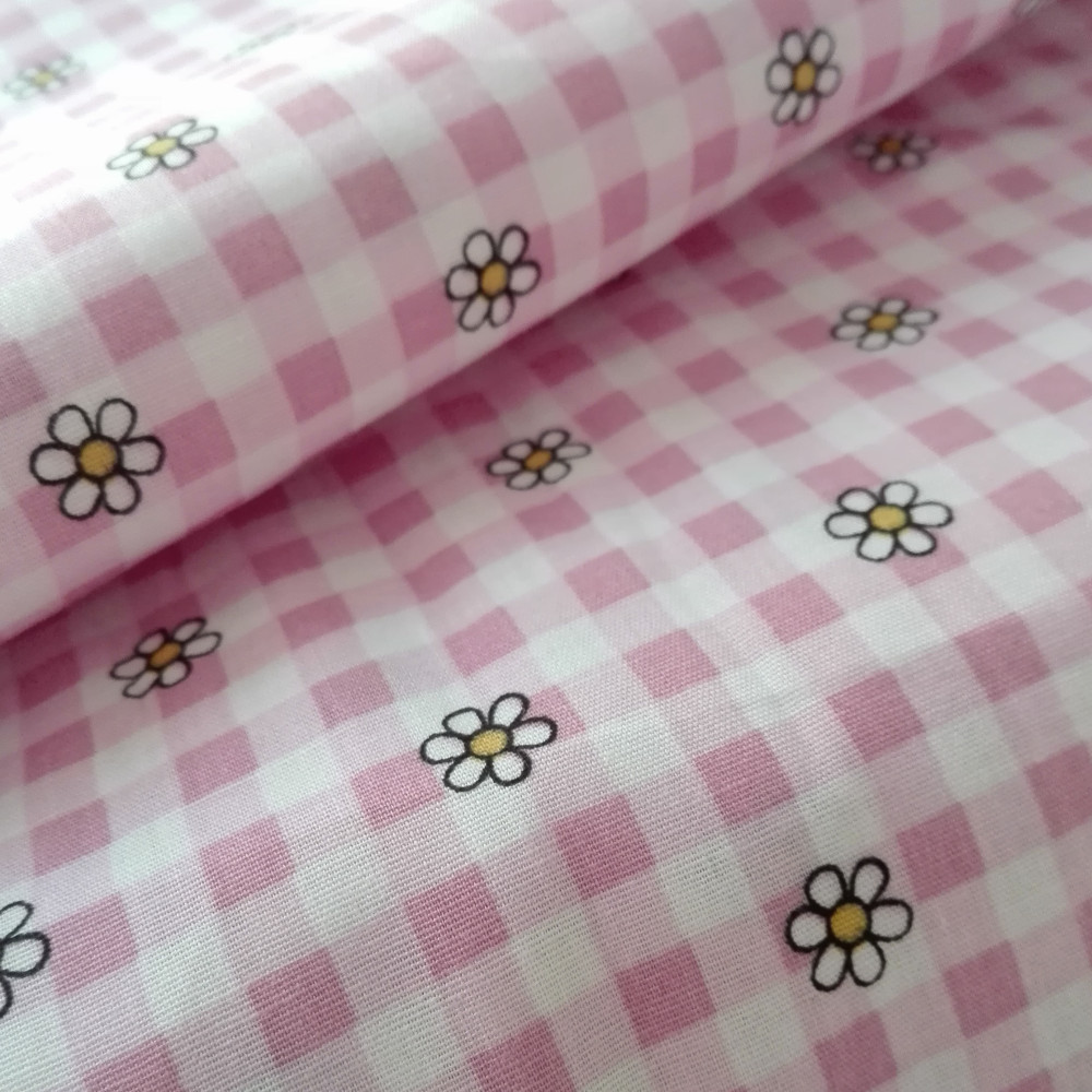 Checkered Fancy Cotton Fabric -  Pink with Flowers
