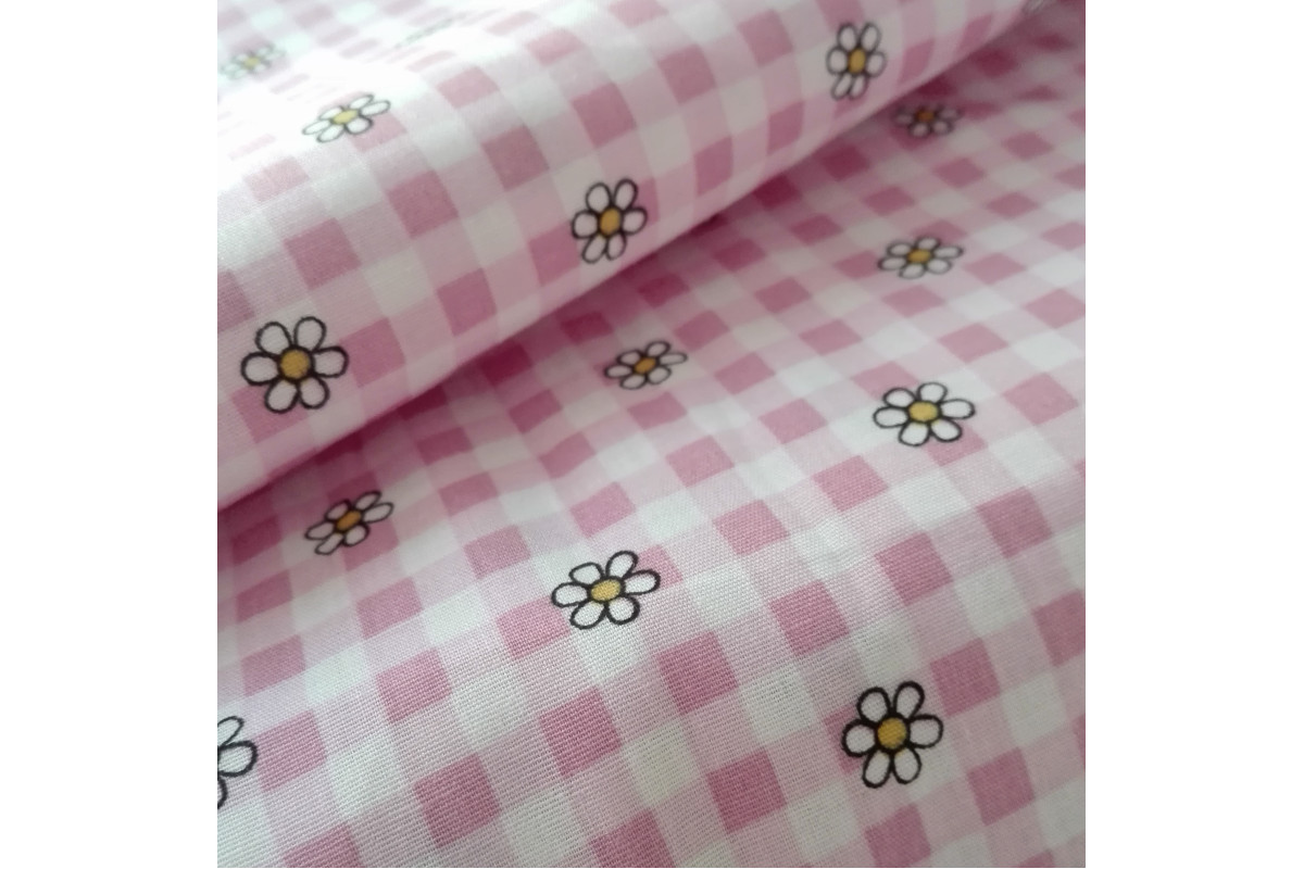 Checkered Fancy Cotton Fabric - Pink with Flowers Checkered Fancy Cotton Fabric - Pink with Flowers