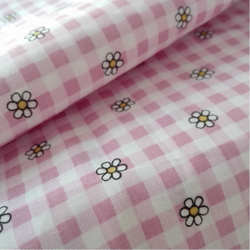 Checkered Fancy Cotton Fabric -  Pink with Flowers