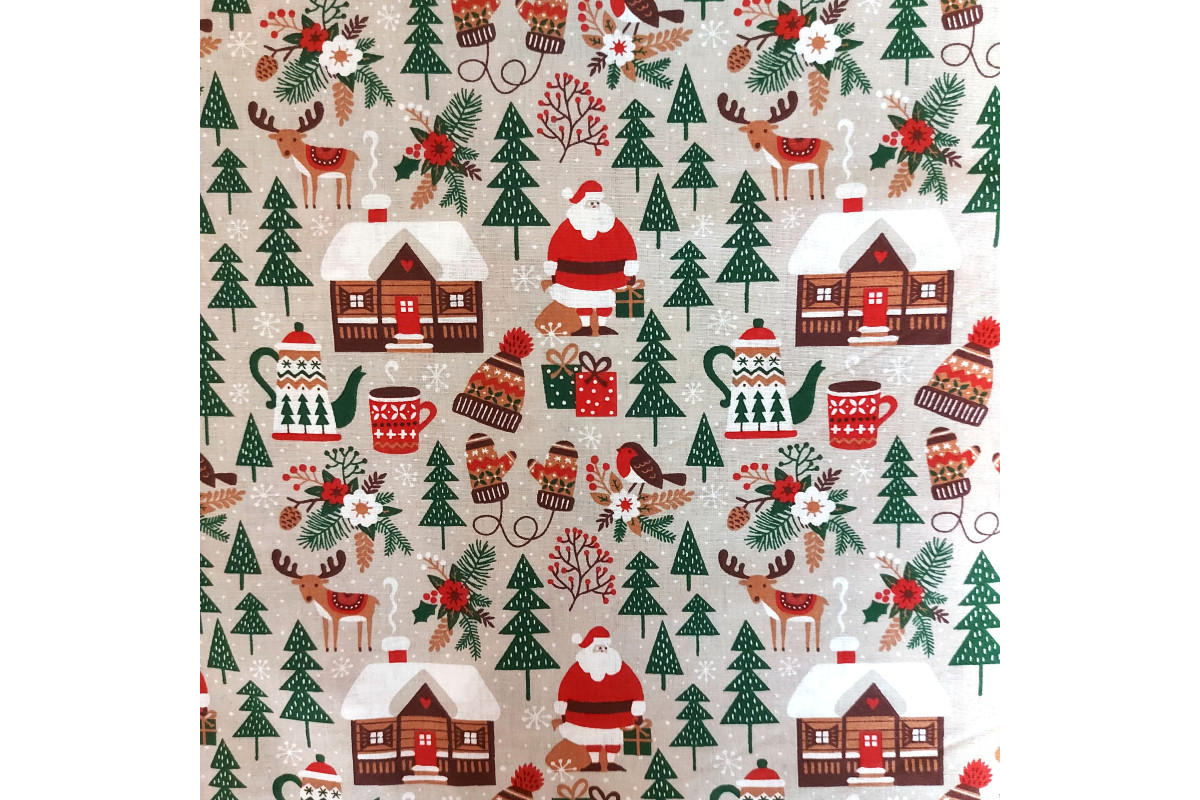 Tessuto Natalizio Babbo Natale Casette Alberelli Tessuto Natalizio Babbo Natale Casette Alberelli