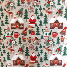 Tessuto Natalizio Babbo Natale Casette Alberelli