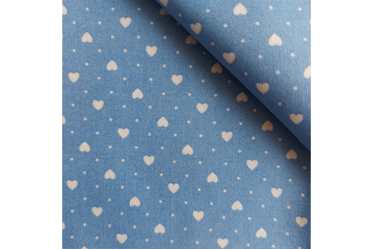 Tessuto Patchwork - Celeste con Cuoricini Bianchi Tessuto Patchwork - Celeste con Cuoricini Bianchi