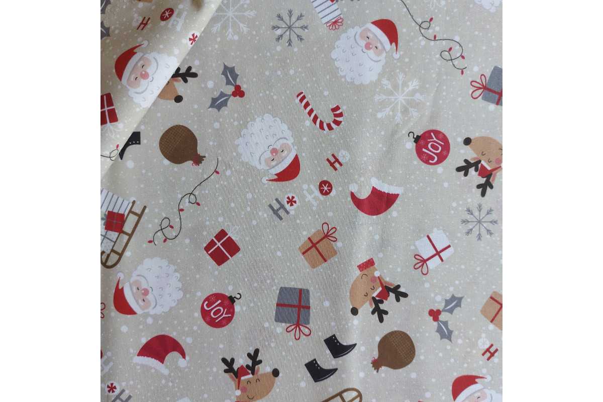 Christmas Cotton Fabric with Santa Claus, Reindeer and Gifts Christmas Cotton Fabric with Santa Claus, Reindeer and Gifts