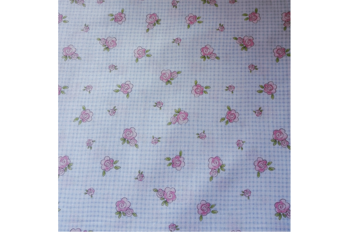 Patchwork Fabric White and Light Blue Squares and Roses Patchwork Fabric White and Light Blue Squares and Roses